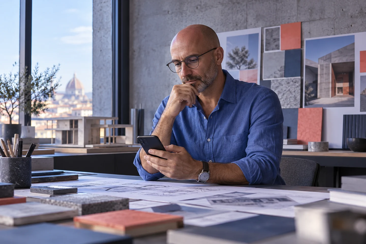 Architetto con un telefono in uno studio contemporaneo
