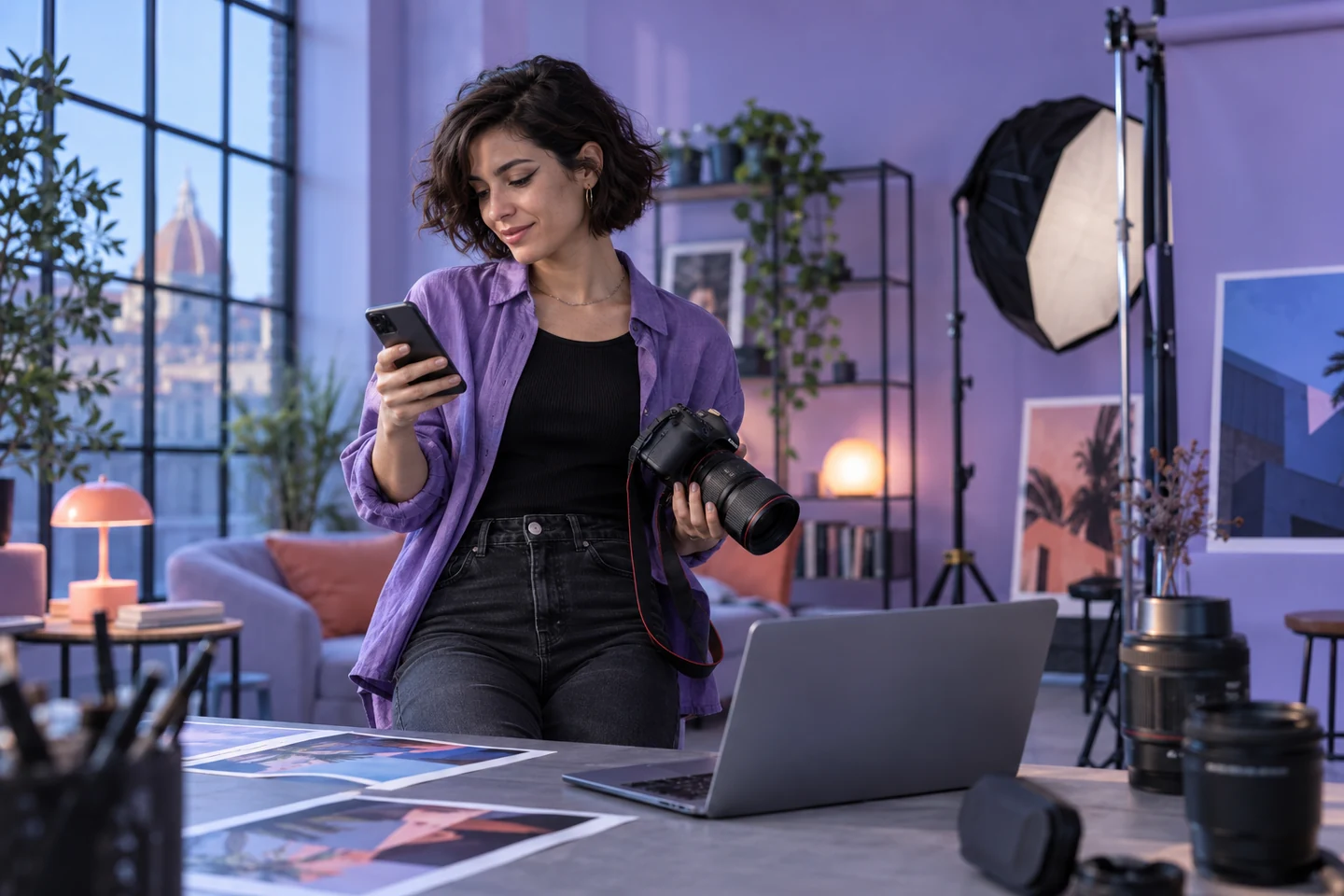 Fotografa che consulta un telefono nel suo studio