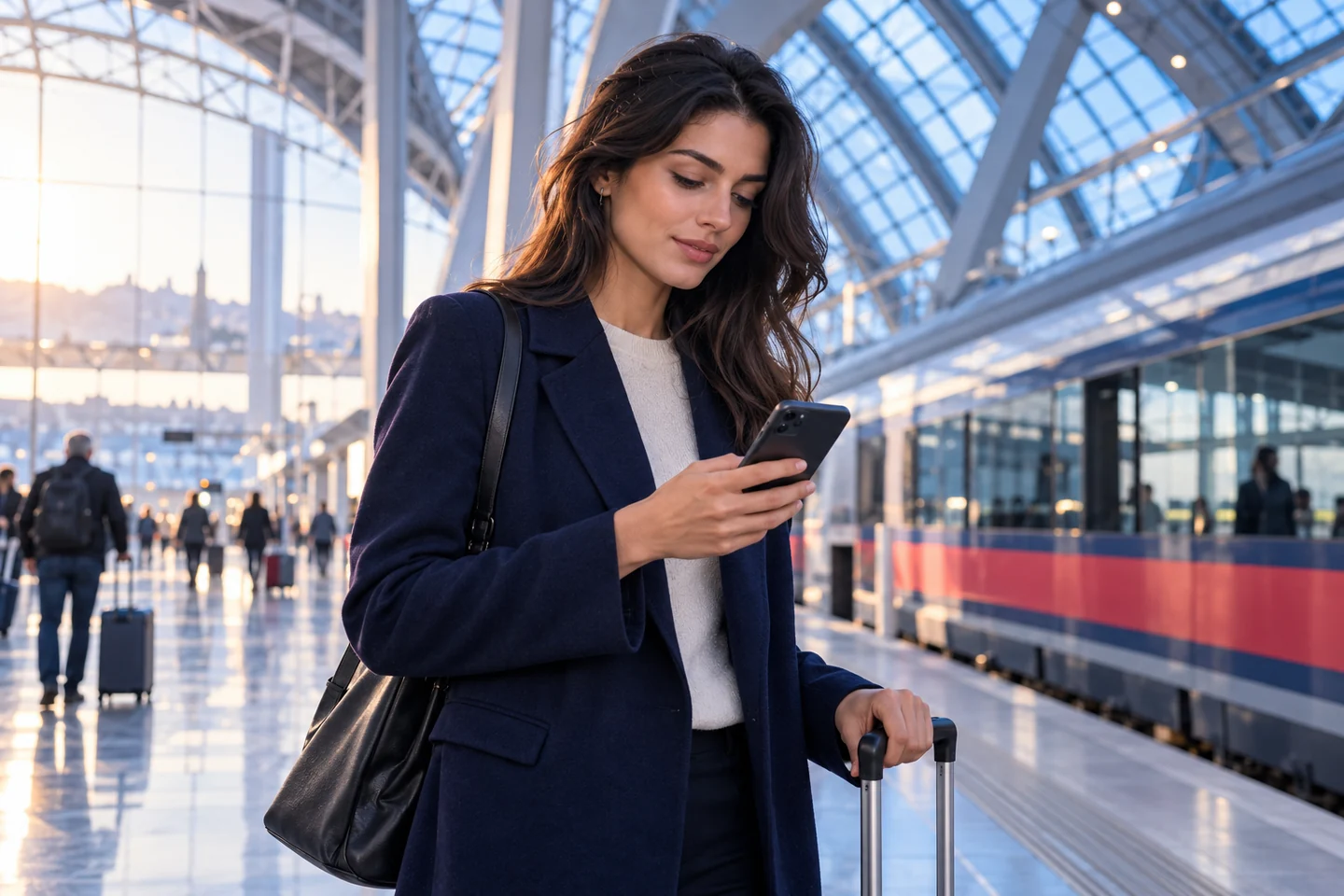 Donna con giacca indaco che controlla un telefono in stazione