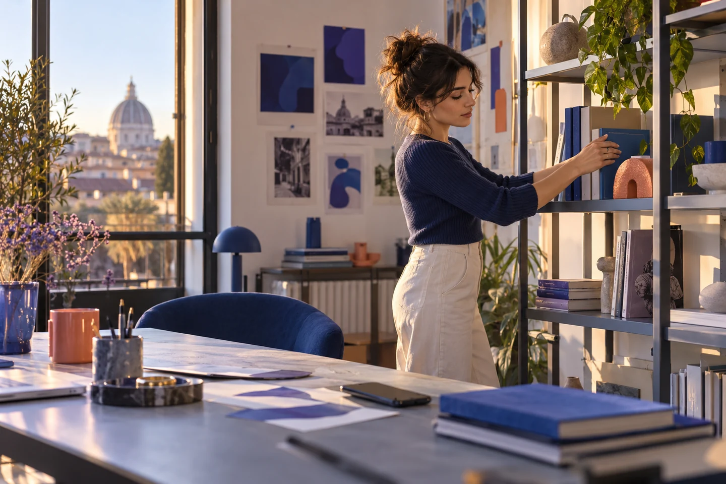 Designer che riordina lo studio con il telefono sul tavolo