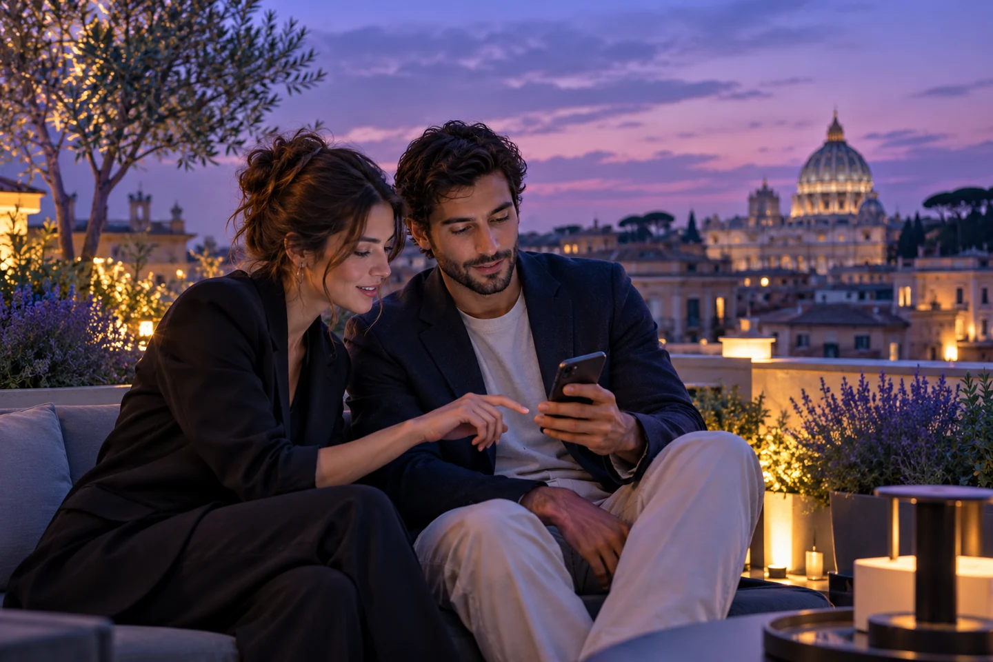 Due persone discutono un piano in un giardino pensile al tramonto